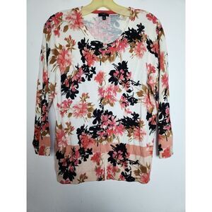 Talbots Cream w/Pink & Black Floral 100% Cotton Button Up Cardigan size Large P.